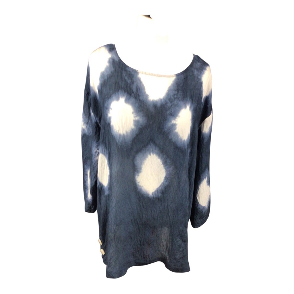 Ali Miles Tunic 1X Blue White 3/4 Sleeves Bohemian Casual Cottagecore Oversized